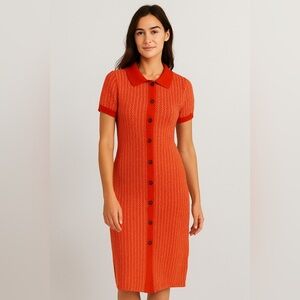 Marine Layer Alice Textured Polo Sweater Dress Long Maxi Coral/Cream Medium